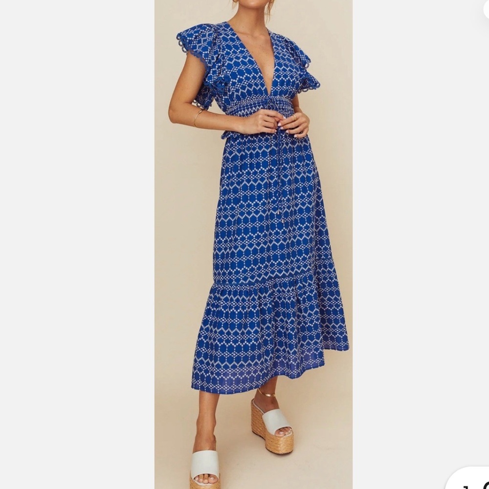 O.P.T Jardin Dress Eyelet Blue V-neck Cotton Midi Women Dress Large NEW